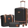 COOLIFE valigia trolley valigia da viaggio in ABS rigido trolley 4 ruote lucchetto TSA La valigia contiene 1 borsa da viaggio e 1 beauty case (Nero/Marrone, Set di 3 valigie da cabina)