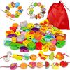 BluVast Grande Perla di Legno Bambino 2 Anni 42pcs Giocattoli di Filettatura in Legno con Perline Animali Frutta Montessori Giocattoli Educativi Compleanno Regalo per Ragazzi Ragazze 2 3 4 Anni