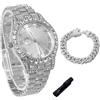 genkigold Orologio con Diamanti per Ragazzi - Quadrante Rotondo 43mm con Numeri Romani - Placcato in Platino Cinturino 20,5cm - Include Strumento di Regolazione, Abbinato a Catena Cubana 18cm