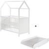 roba Set Cameretta - Lettino a Forma di Casa 60 x 120 cm - Regolabile in 6 Altezze - Certificato FSC - Rete a Doghe Inclusa - Fasciatoio - Materassino Incluso - Legno Bianco