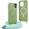 YFSYLL Magnetica Cover per iPhone 12 Mini con Cordino,Compatibile con MagSafe,Silicone Case con Regolabile Cordino da Collo Nylon Catena Collana Tracolla - Verde Matcha