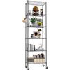 Himimi Scaffale in Piedi a 6 Livelli con Ruote, Scaffale Regolabile in Altezza, Robusto con Gancio per Bagno Cucina Garage Camera da Letto Nero