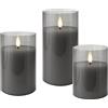 goobay Set di 3 candele LED in vetro, colore grigio trasparente, con timer e stoppino 3D, candele in vetro per decorazioni eleganti, funzionano a batterie, 77755