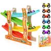 Ecofocet Pista Macchinine in Legno con 6 Auto Colorate, Gioco Educativo per Bambini 1 2 3 Anni, Rampa Zig Zag Auto da Corsa, Giocattoli Montessori in Legno per Bimbi