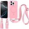 Jrkvniv Cover per iPhone 16 Pro Max con Cordino [Compatibile con MagSafe ] Custodia con Laccio Collana Tracolla Cinghia, Ultra Sottile Silicone Antiurto AntiGraffio Case per iPhone 16 Pro Max, Rosa