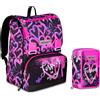 Seven Bundle Zaino Doppio Scomparto Estensibile, Rosa, Schienale Preformato, Bambina e Ragazza, Scuola + Astuccio 3 Zip, Rosa, Portapenne Triplo Scomparto Completo Di Penne, Matite, Colori