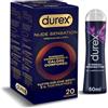 Durex Nude Sensation, 20 preservativi in Nitrile, senza lattice di gomma naturale, ultra sottili ed extra lubrificati, vestibilità regular, 2 Confezioni da 10 Profilattici + GEL Eternal 50ml