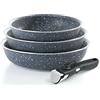 Qulinart by Brandt - Set di 3 padelle in alluminio antiaderenti, 20, 24 e 28 cm, con manico rimovibile, set per tutti i fuochi, colore: grigio marmo