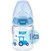 Nuk First Choice+ Biberon, 0-6 mesi, controllo della temperatura, valvola anticolica, tettarella in silicone, senza BPA, trattore blu, 150 ml