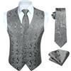 HISDERN Gilet da Uomo Grigio Paisley Floreale Jacquard Gilet Cravatta e Fazzoletto Set Elegante Classico Panciotto Uomo 2XL