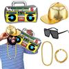 JORAKI Kit Costume Hip Hop Anni '80/'90 Completi da Rapper con Cappello Hip Hop, Scatola Radio Gonfiabile, Catena, Braccialetto e Occhiali da Sole DJ Bomboniere per Feste Anni '80 e '90 Decorazioni a Tema