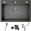 Bokaiya Lavandino Cucina Nero, 60 x 45 cm, Lavello Cucina 1 Vasca in Acciaio Inox, Lavello da Esterno per Camper con Set di Drenaggio e 3 Fori di Preforato, Installazione a Sopratop o Filotop