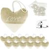 Doni Bomboniere Set Matrimonio 12 Sacchettini Juta e Cotone Cuore con Scritta Ricamata Love Bustine Confetti Bianchi Bigliettini Personalizzabili Segnaposto Sposi Confettata Nozze Gadget Fai da Te
