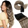 LaaVoo Extension Capelli Veri Tessitura Nero Naturale a Marrone Chiaro con Biondo Scuro Balayage, Matassa Morbida Remy, Setosi, per Sposa e Matrimonio 35cm 80g #1b-8-22