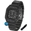 HALUKAKAH Orologio con Diamanti in Oro per Ragazzi,Adolescenti,Bambini - Placcato in Nero Rodio,Quadrante Quadrato 40mm,Quarzo Giapponese - 20cm,con Strumento di Regolazione - per Compleanni,Feste