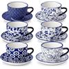 vancasso SELENE - Tazze da Caffè e Cappuccino con Piattino in Porcellana - 6 x 240 ml - Tazze da Colazione per Latte, Tè e Yogurt - Adatto a Lavastoviglie e Microonde - Vintage in Blu e Bianco
