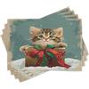 ABAKUHAUS Set da tavola, Cartoon Tabby Cat Art, Decorazione della tavola in tessuto lavabile per sala da pranzo e cucina, Impressione numerica, Cadet Blue Calf Dark Pink