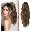 FESHFEN Coda Capelli Extension Ondulata, Lunga Coda di Cavallo Extension con Coulisse Ricci Posticci Sintetici Finta Capelli Biondo Dorato misto Castano Nero Ponytail Extensions Per Donna, 45 cm