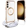 Pnakqil per Magnetica Cover per Samsung Galaxy S23 Plus 5G con Cordino, Compatibile con MagSafe, Ultra Sottile Cuore Silicone Custodia con Laccio Tracolla, Elettrolitico TPU Case con Collana, Bianco