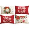 Artscope 4 Pezzi Federe Cuscini di Natale Cuscino Decorativo in Lino Natalizi per la Decorazione Domestica Soggiorno Camera da Letto Divano 40x60cm (Rosso - Fiori di Natale e Campana)