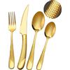 SHEUMNT Set di posate moderne 24 pezzi, oro martellato coltelli seghettati 2 in 1 ultra affilati, servizio in acciaio inox 18/10 set per 6 persone, coltelli, forchette, cucchiai