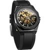 BOLYTE Orologio meccanico automatico da uomo, scheletro, con lancette luminose, cinturino in silicone nero, cassa ottagonale, Nero oro, Militare