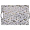 DRW Vassoio rettangolare in melammina con manici e fiori in oro e bianco 4 x 25 x 35 cm