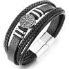 COOLSTEELANDBEYOND Bracciale In Pelle Nera da Uomo con Bussola Vichinga In Acciaio, Cinturino Intrecciato Multistrato con Rune Nordiche
