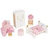 Le Toy Van - ME057 - Camera da letto per casa delle bambole, 3 anni, Set mobili di legno 19 pezzi, giocattoli ecologici, Montessori, include letto matrimoniale, toeletta, armadio, comodino, accessori