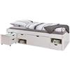 Inter Link - Letto singolo - Multifunzione - Letto funzionale con contenitore - Con comodino - 3 cassetti - 2 nicchie - Legno massiccio - Con base - Verniciato bianco - Till 90 x 200 cm