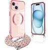 Pnakqil per Magnetica Cover per iPhone 15 Plus con Cordino, Compatibile con MagSafe, Ultra Sottile Cuore Silicone Custodia con Laccio Tracolla, Elettrolitico TPU Case con Collana, Rosa