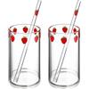 ERINGOGO Set Da 2 Bicchieri Con Cannuccia in Vetro Trasparente 300 Ml | 2 Tazze E 2 Cannucce, Motivo Fragola, Adatto a Latte, , Soda, Limonata E Acqua, Uso Casa E Ufficio