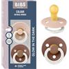 BIBS Colour GLOW Ciuccio, 0-6 mesi, pack da 2, Blush GLOW/Woodchuck GLOW | Tettarella rotonda | Lattice di gomma naturale | Taglia 1 | Senza BPA | Prodotto in Danimarca | Anello fosforescente
