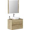 Baikal Mobile bagno Onyx, 2 cassetti, sospeso a parete, con lavabo in ceramica. Mobile Montato, Melamina 16, Mobile F46 + Top + Lavabo + Specchio 80 cm Nature