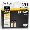 Uniross Batterie LR43 AG12 LR1142 Pile a Bottone per Orologi Termometri Digitali Giocattoli e Calcolatrici Uniross Pile Alcaline Piccole Sottili a Lunga Durata da 1,5V - 20 Batterie