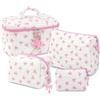 Mulaibdin 4 Pezzi Beauty Case da Viaggio, Trousse Trucchi Donna, Pochette Trucchi Ragazza, Fiocco Makeup Bag Organizer in Cotone, Carino e Portatile Borse da Toilette per Regalo (Rosa + Bianco)