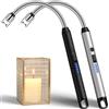 LcFun Accendino elettrico ricaricabile tramite USB, con collo più lungo, blocco di sicurezza, tipo C, ricaricabile, al plasma, per cucina, camino, fuochi d'artificio (nero e argento)