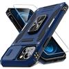 DEERLAMN Custodia per iPhone 15 Plus con custodia per fotocamera diapositiva+pellicola protettiva (1 pezzo), anello ruotato, cavalletto, grado militare, antiurto, custodia protettiva da 6,7 pollici