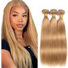 Tuheerst #27 Honey Blonde Bundles Human Hair Double Weft Straight Capelli Umani Extensions Unprocessed Tissage Brazilian Virgin Human Hair 14 16 18 Inch Total 3 Bundles Total 150g