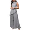 VERWIN Completo in 2 pezzi con top a paillettes a maniche corte asimmetrico, pantaloni a gamba larga lunghi e pieghe, set da salotto con camicia a collo alto, grigio, XL