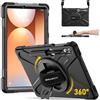 BRAECN Custodia per Samsung Galaxy Tab S10+/S9 FE+/S9+/S8+/S7 FE/S7+ 12.4 Pollici, Antiurto Robusto Cover con Supporto Girevole a 360° e Cinturino a Mano, Portapenne, Tracolla Portatile, Nero