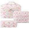 Pyuyan 3 Pezzi Floreale Grande Capacità per Il Trucco, Set Make Up Bag, Borsa da Toilette Trapuntata, Borsa Cosmetica Estetica, Borsa per Il Trucco Trapuntata, per Donne e Ragazze(Fiocco Rosa)