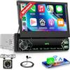 VECHTEL Autoradio 1 Din Carplay Android Auto Wireless con schermo da 7 pollici retrattile manualmente,radio FM con Bluetooth,GPS,2 USB/Type-C,autoradio con telecamera posteriore/comandi al volante