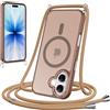 Coalbooliy Cover Magnetica per iPhone 17 con Cordino,Compatibile con Mag-Safe, Custodia Traslucida Opaca Posteriore Sottile Antiurto con Laccio Collo Tracolla Corda Cinghia Case,Marrone