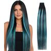 REDMENCO Extension Tape In Capelli Veri Nero con Riflessi Blu Teal, Nastro Invisibile, Riutilizzabili, 10 Fasce