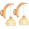 iDEGU 2 Pezzi Applique da Parete Interno in Legno e Rattan, E27 Illuminazione da Parete Retrò Stile Boho Luce Sospensione Disegno Luna Lampada da Parete Vintage per Camera da Letto Soggiorno (Bianco)