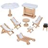 goki 51475 - Mobili da giardino per casa delle bambole - Set da 9 pezzi in legno con altalena, barbecue e ombrellone