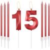 mciskin Candele Rosse per 15° Compleanno - Design 3D Numero 15 per Torta con Set di 6 Candele Lunghe/Sottili, Decorazione Rossa per Torta per il 15° Compleanno della Ragazza, Decorazioni per il 15°