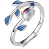 Qings Anello Pietra di Luna Argento Sterling 925 Regolabile Aperto Ovale Arcobaleno Moonstone Foglia Anelli per Donne Ragazze