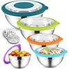 HaWare Set di 5 ciotole per insalata, in acciaio inox, con coperchio trasparente ermetico e 3 grattugie, per cucinare, 4,5 l, 2,8 l, 1,5 l, 1,2 l, 0,7 l, lavabile in lavastoviglie, multicolore